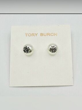 Tory Burch Pearl Stud Earrings with Gold-Accent Logo
